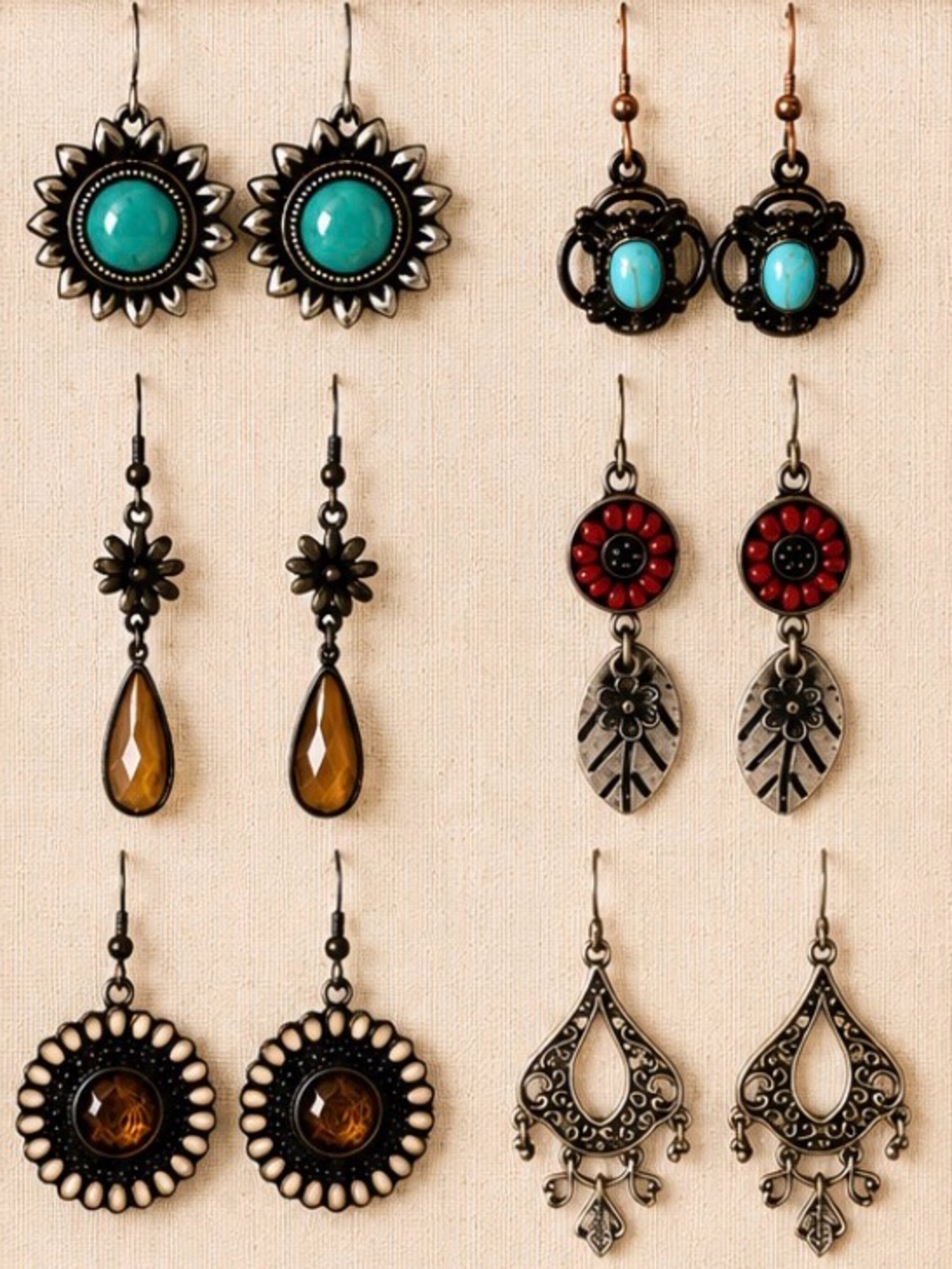 Boho Vintage Earring Bundle Lot of 6 Pairs | Turquoise Dangle Statement Earrings